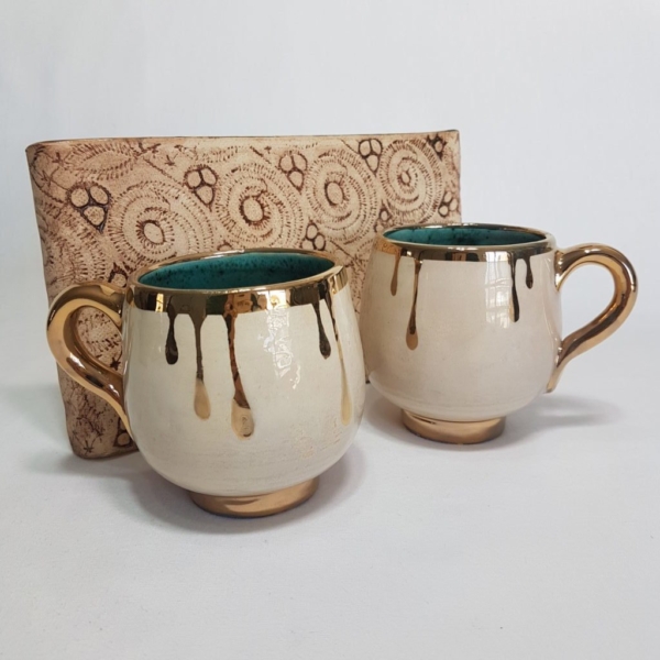 Golden Tears Mugs Set Handmade Pottery