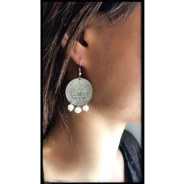 1975 5 Rial Coin and Pearls Earrings