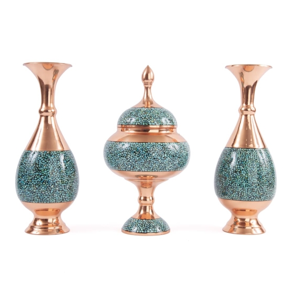 Firoozeh Koobi Turquoise on Copper Bonbon Dish and Vase Set