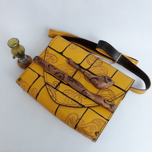 Yellow Bird Leather and Wood Quilted Bag