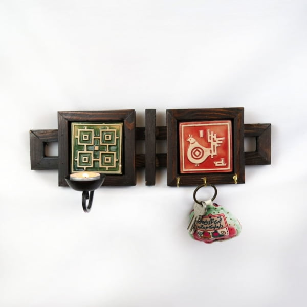 Green Tile Vertical Two Tile Candle & Key Holder