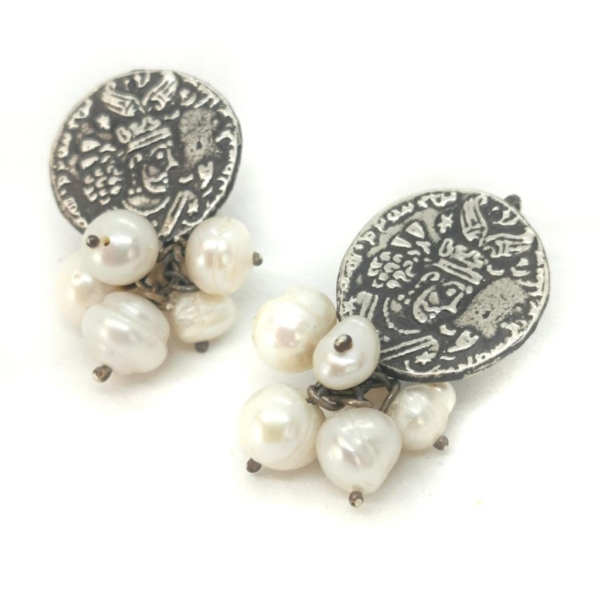 Silver Sasanian Coin and Pearls Earrings
