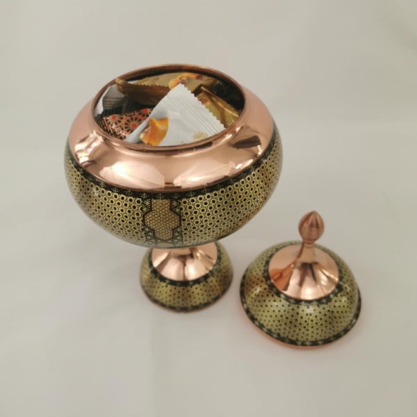 Khatam Marquetry on Copper Bonbon Dish and Vase Set