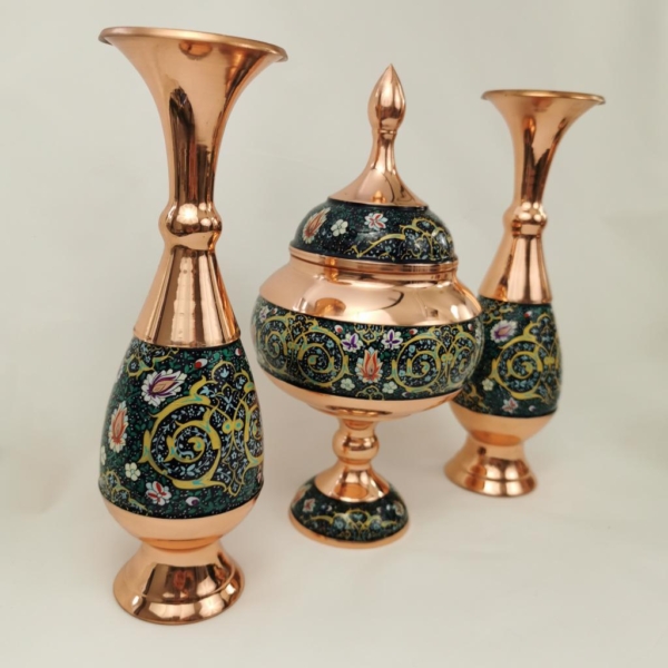 Painting on Copper Bonbon Dish and Vase Set