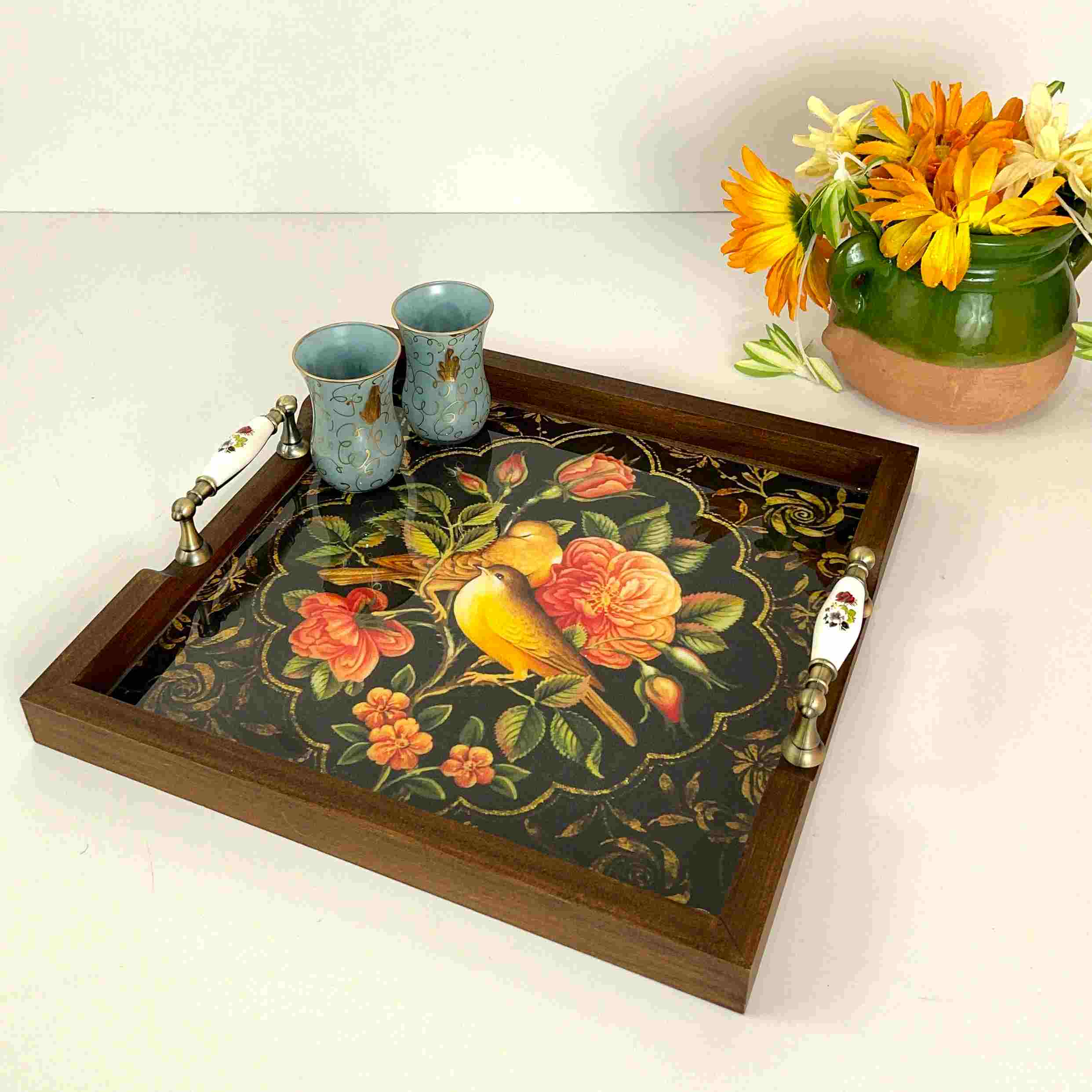 Canary and Flower Wooden Tray - Persis Collection
