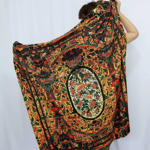 Scarf with Flower and Bird Design –100% Silk