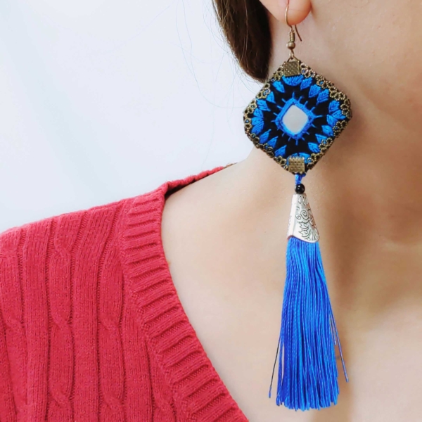 Baluchi Art Tassel Earrings, Turquoise