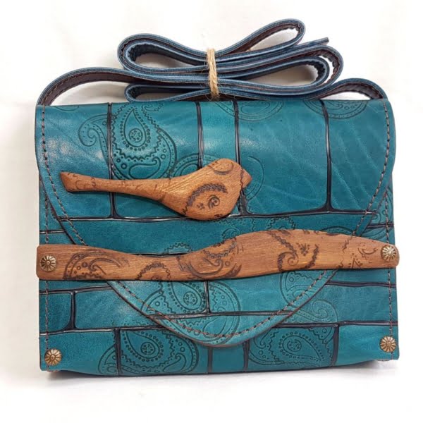 Blue Bird Leather and Wood Quilted Bag