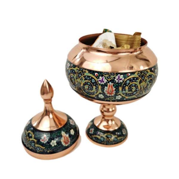 Painting on Copper Bonbon Dish and Vase Set