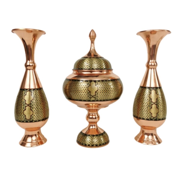 Khatam Marquetry on Copper Bonbon Dish and Vase Set