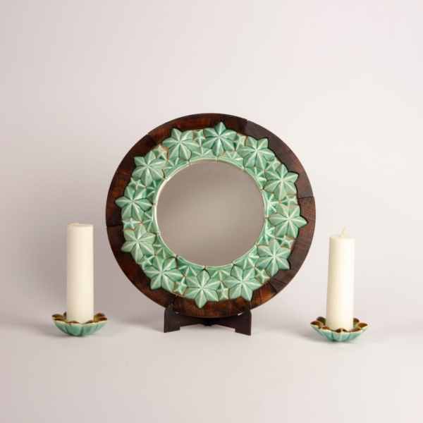 Elegant Emerald Ceramic Mirror and Candle Set