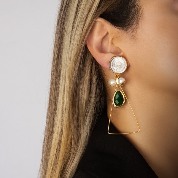 Green Emerald One-Rial Coin Earrings