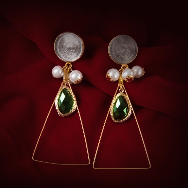 Green Emerald One-Rial Coin Earrings