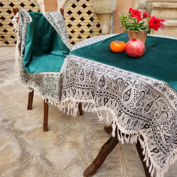 Luxury Velvet Ghalamkar Tablecloth- Green