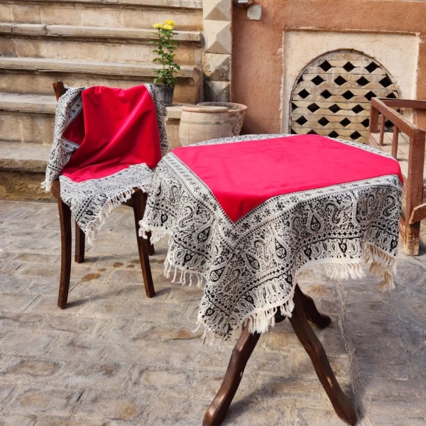 Luxury Velvet Ghalamkar Tablecloth- Red