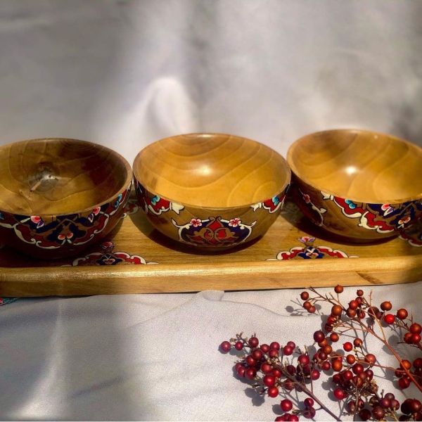 Tazhib Treasures Wooden Trio Bowl Tray