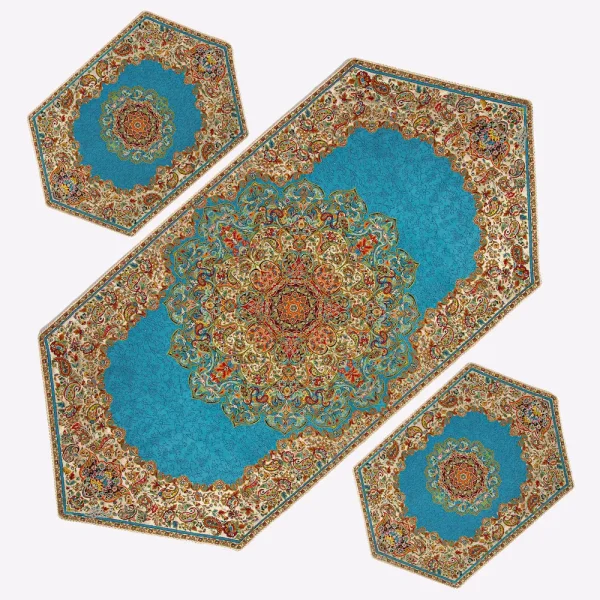 Persian Blue Silk Termeh Table Runner 3pcs Set