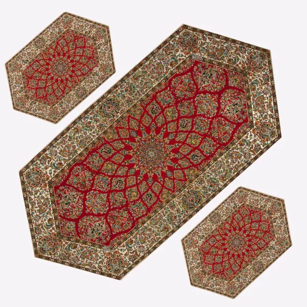 Persian Red Silk Termeh Table Runner 3pcs Set