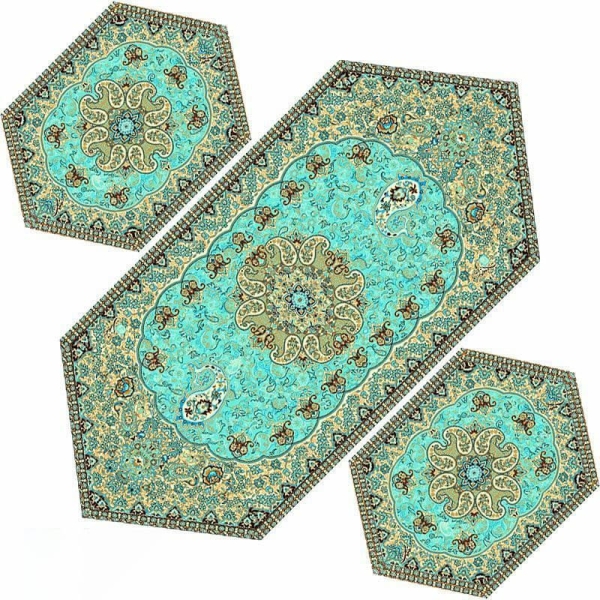 Elegant Turquoise Termeh Table Runner 3pcs Set