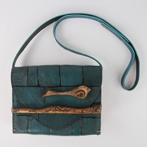 Blue Bird Leather and Wood Quilted Bag