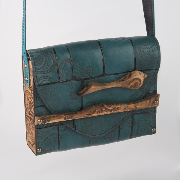 Blue Bird Leather and Wood Quilted Bag