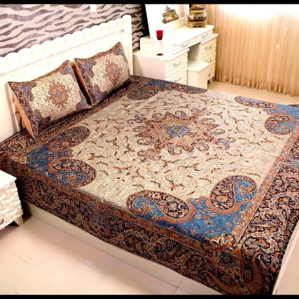 Persian Elegance Termeh Double Bedspread – Lazuli and Cream, 200×240 cm