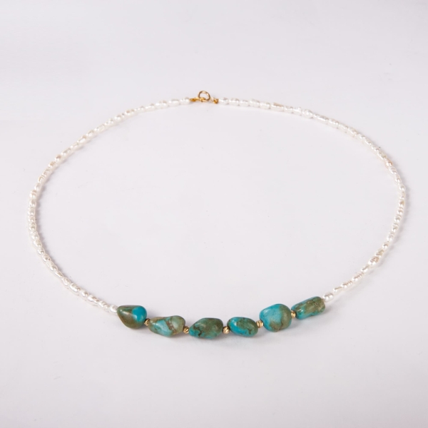 18K Gold Turquoise Pearl Choker