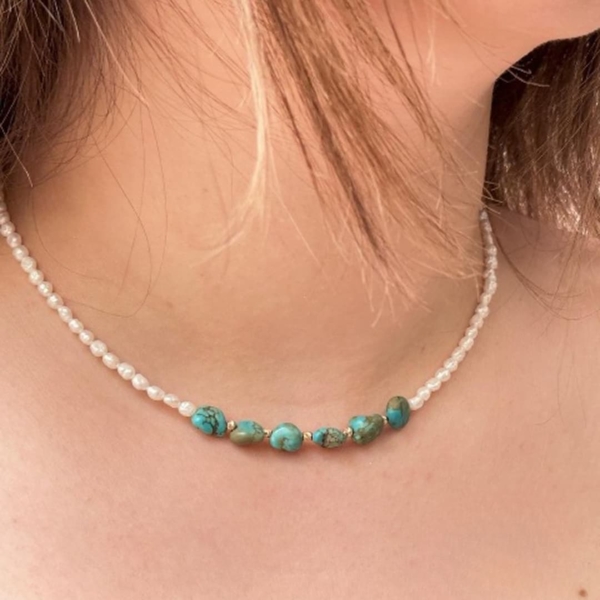 18K Gold Turquoise Pearl Choker