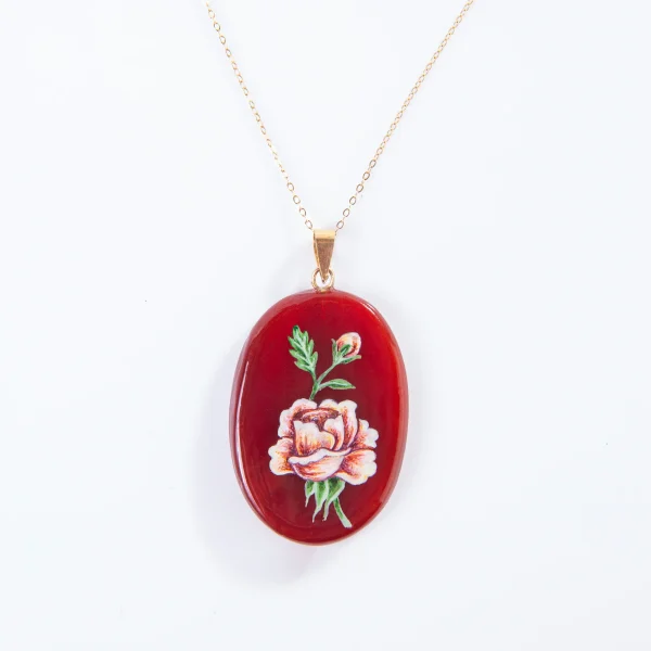 Hand-Painted18K Gold Rose Agate Pendant