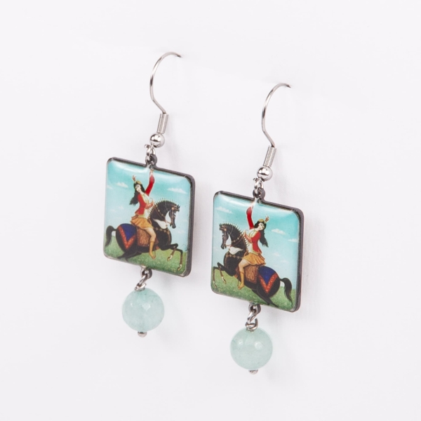 Handcrafted Persian Tile Earrings – Horse Rider Design, Moisture Resistant