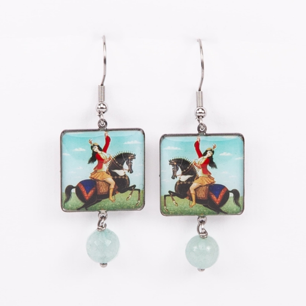 Handcrafted Persian Tile Earrings – Horse Rider Design, Moisture Resistant