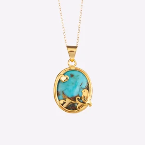 Luxurious 18K Gold and Neshabur Turquoise Spring Bird Design Necklace