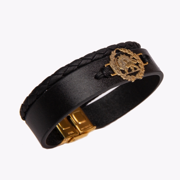 Persian Heritage Lion and Sun Leather Bracelet- Golden and Silver