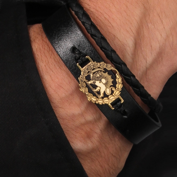 Persian Heritage Lion and Sun Leather Bracelet- Golden and Silver