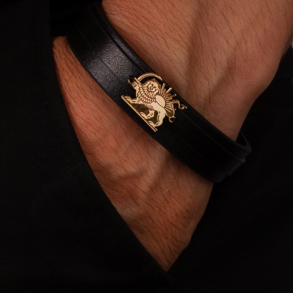 Persian Lion and Sun 18K Gold Leather Bracelet