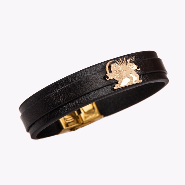 Persian Lion and Sun 18K Gold Leather Bracelet