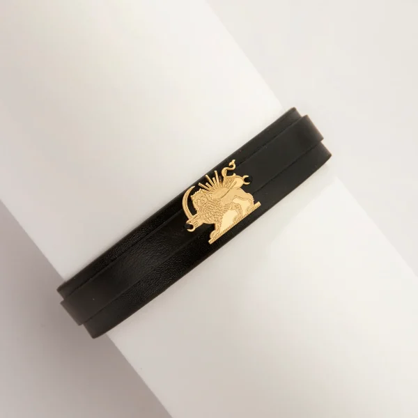 Persian Lion and Sun 18K Gold Leather Bracelet