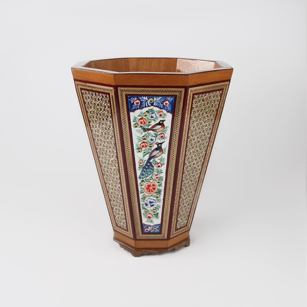 Persian Miniature Hand-Painted Bin – Khātamkari Floral Design with Copper Inlays