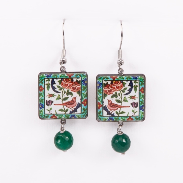 Square Persian Tile Earrings – Bird Motif, Stainless Steel & Resin