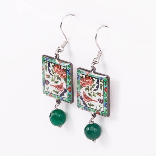 Square Persian Tile Earrings – Bird Motif, Stainless Steel & Resin