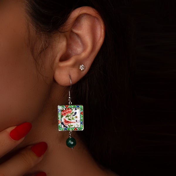 Square Persian Tile Earrings – Bird Motif, Stainless Steel & Resin