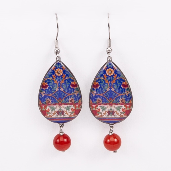 Teardrop Persian Tile Earrings – Flower and Leaf Design, Durable Stainless Steel and Resin