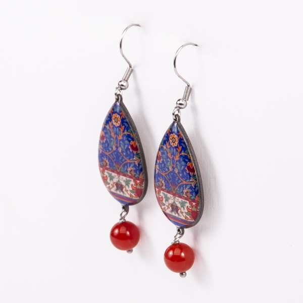 Teardrop Persian Tile Earrings – Flower and Leaf Design, Durable Stainless Steel and Resin