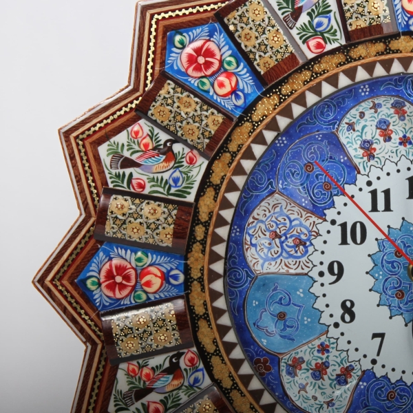 Traditional Persian Khātamkari Wall Clock – Hand-Painted Floral and Bird Design