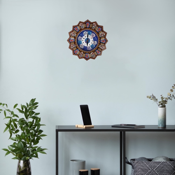 Traditional Persian Khātamkari Wall Clock – Hand-Painted Floral and Bird Design