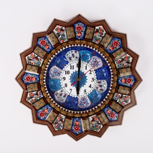 Traditional Persian Khātamkari Wall Clock - Hand-Painted Floral and Bird Design