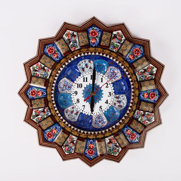 Traditional Persian Khātamkari Wall Clock – Hand-Painted Floral and Bird Design