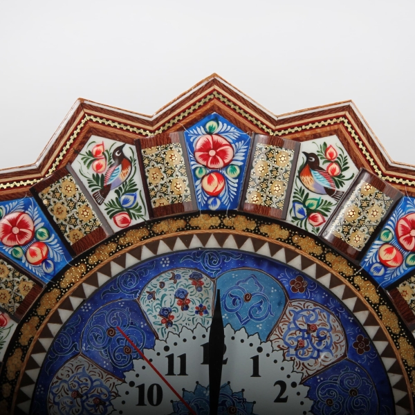 Traditional Persian Khātamkari Wall Clock – Hand-Painted Floral and Bird Design