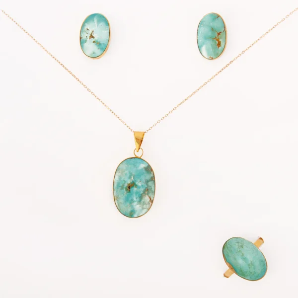 Luxury 18K Gold and Neshabur Turquoise Set – Ring, Pendant and Earrings