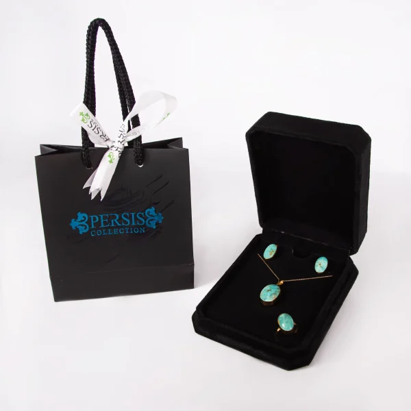 Luxury 18K Gold and Neshabur Turquoise Set – Ring, Pendant and Earrings